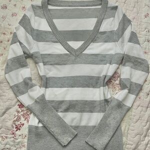 Gray and White Striped V-Neck Sweater